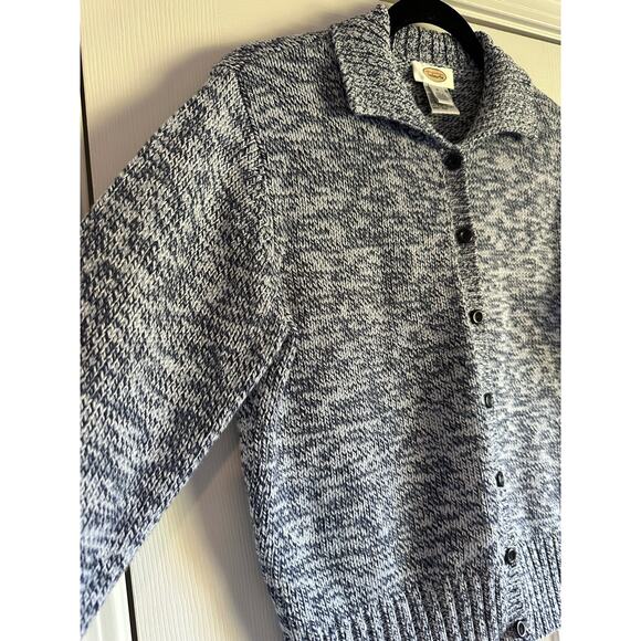 Talbots Vintage Marled Cotton Navy White Collared Cardigan Rag Sweater Size M - Picture 4 of 7